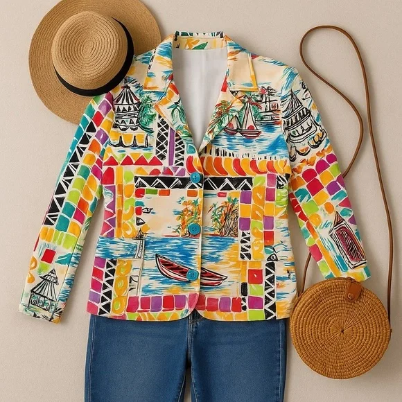 Harvé Benard Art to Wear Vintage-Inspired Elsbeth Blazer Petite 2P Bold Print - Picture 2 of 12